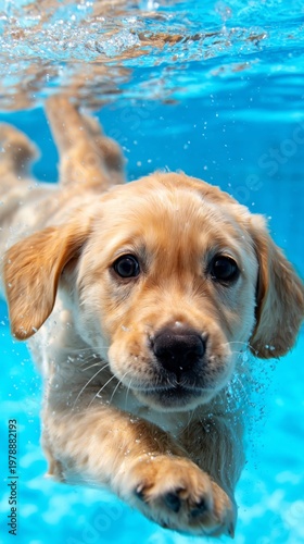 Cute Puppy Swims Underwater in Clear Blue Pool on a Sunny Day