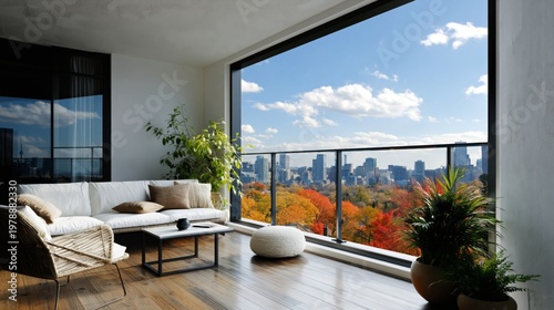 Modern Balcony With Plants and Furniture Overlooking City View During Daytime