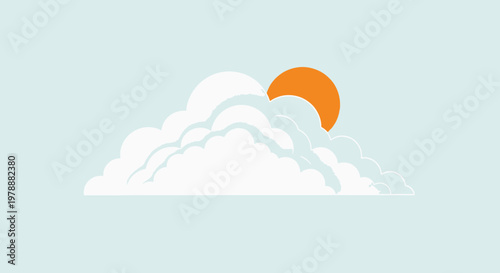 A minimalist depiction of fluffy white clouds with a vibrant orange sun partially obscured behind them