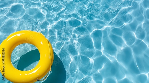 Bright Yellow Lifebuoy Floats in Clear Blue Swimming Pool Water on a Sunny Day