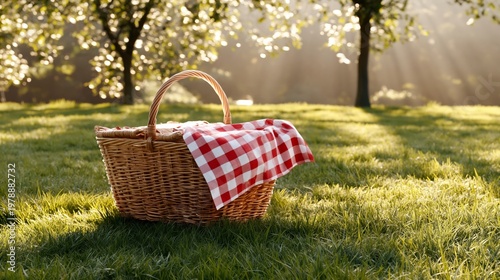 Picnic Basket Sits on Green Grass Under Bright Sunlight Near Trees in a Park ...