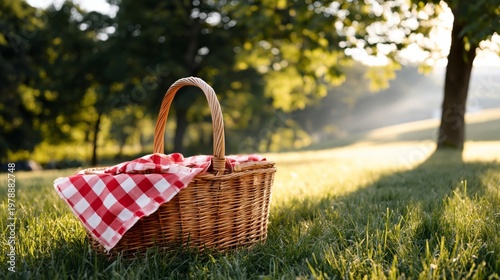Picnic Basket on Green Grass Under Trees in a Sunny Park During Afternoon