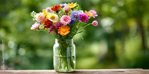 Bright Flowers Arranged in a Jar on a Wooden Table in a Garden During the Day...