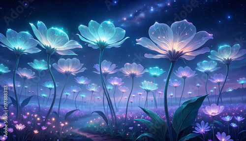 Field of oversized bioluminescent glowing flowers at night