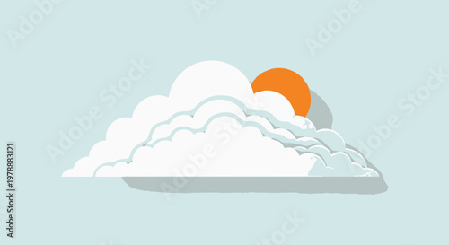 A minimalist papercraft illustration depicts a fluffy white cloud with a bright orange sun peeking out from behind it
