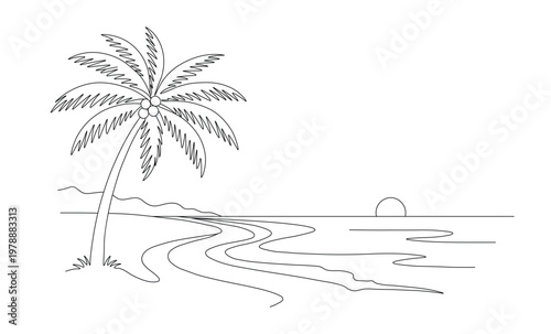Continuous line drawing of a tropical beach palm tree and ocean sunset