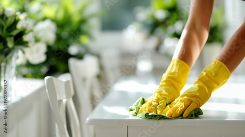 Hands Clean a White Table With a Green Cloth in a Room Filled With Plants in ...