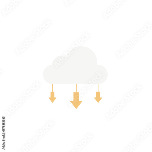 A soft white cloud with three yellow arrows pointing downward is isolated on a transparent background. This graphic represents data downloading or digital cloud storage, with copy space.
