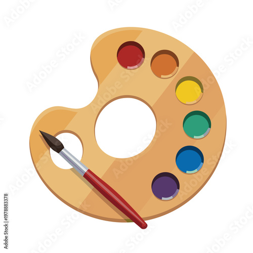 A wooden artist's palette with six vibrant paint colors and a brush sits on a transparent background. This tool represents creativity and art education, with copy space.