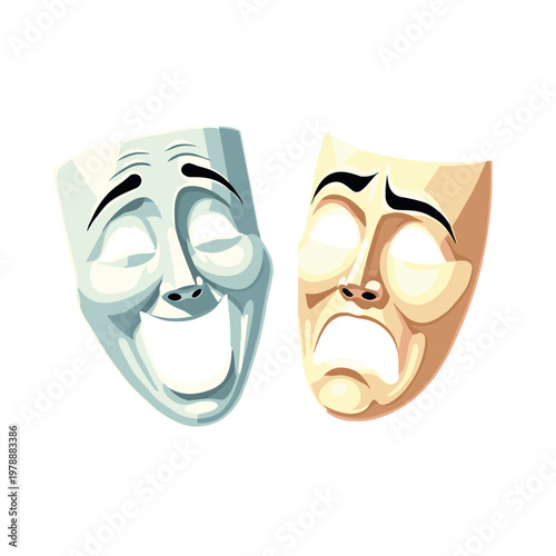 Two theater masks representing comedy and tragedy are positioned side by side on a transparent background. This classic duo captures the essence of dramatic arts, with copy space.