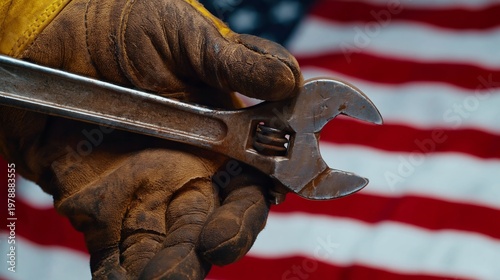 Holding a Wrench in Front of an American Flag During a Repair Task