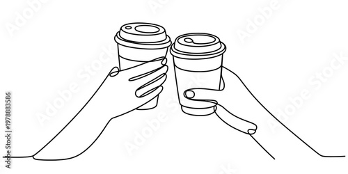 A simple continuous line drawing illustration of two hands holding takeaway coffee cups together Vector, illustration
