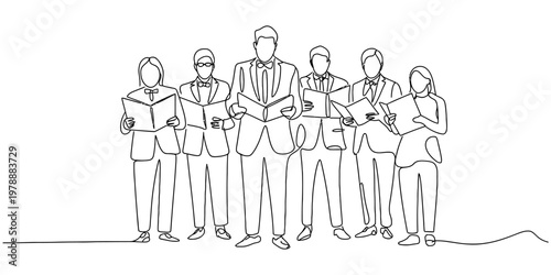 A line art drawing showing a group of six people standing together and singing from songbooks Vector, illustration