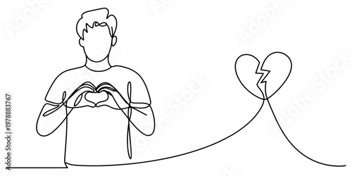Continuous line drawing of a man making a heart shape with his hands near a broken heart symbol Vector, illustration