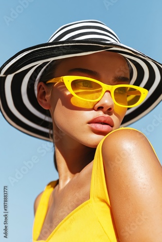 Woman Wearing a Striped Hat and Yellow Sunglasses in a Bright Setting With Pa...