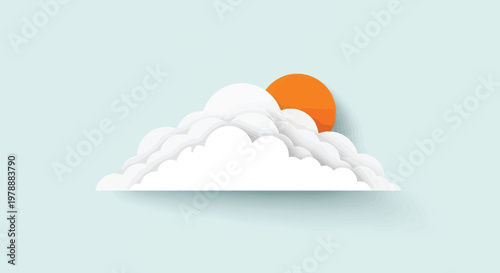 A stylized depiction of fluffy white clouds and a vibrant orange sun against a light blue backdrop