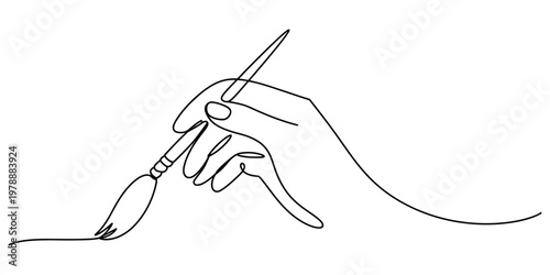 A minimalist single line drawing of a human hand holding a paintbrush creating a flowing stroke Vector, illustration