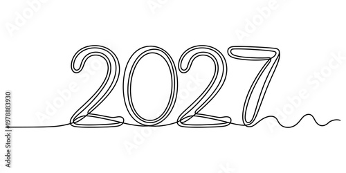 Minimalist continuous line drawing of the year twenty twenty-seven on a plain white background Vector, illustration