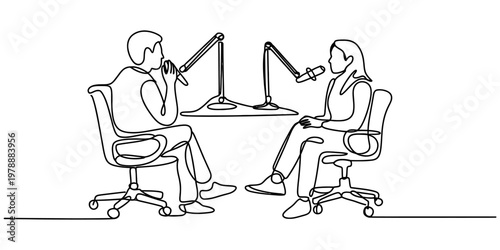 A minimalist single line drawing illustration of two people conducting a podcast interview session Vector, illustration