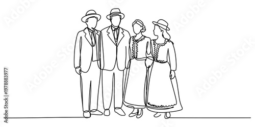 A continuous line drawing depicting a vintage group portrait of two men and two women in hats Vector, illustration