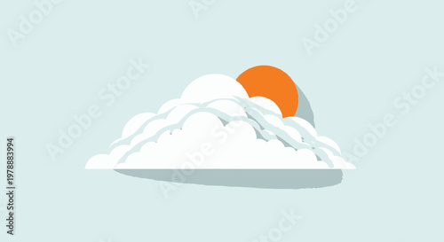A stylized paper cut illustration depicts fluffy white clouds partially obscuring an orange sun