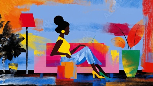 Woman Sitting on a Pink Couch in a Colorful Room With Plants and a Lamp