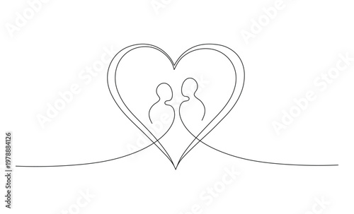 Single continuous line drawing of two figures embracing within a heart shape