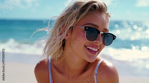 Woman Smiling at Beach During Sunny Day With Ocean Waves in Background