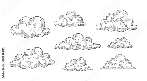 Hand drawn clouds set with hatching shading weather
