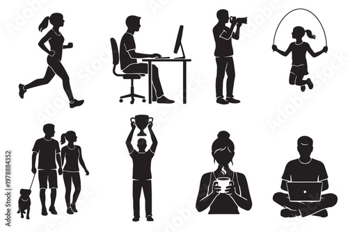Black silhouette people icons set, diverse human activities and lifestyle vector elements, men and women working and exercising flat graphics