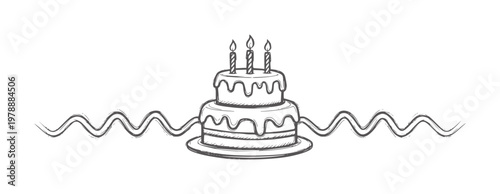 Two tier birthday cake with three lit candles and wavy decorative border celebration