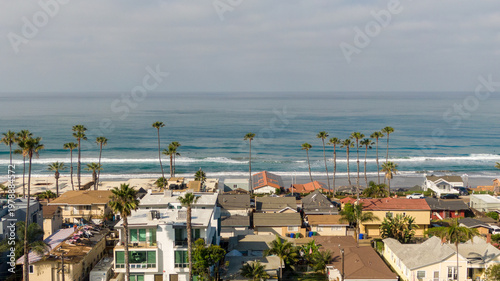 Canvas Print Aerial Drone View of Beachfront Residential Homes and Coastline in Oceanside, Ca