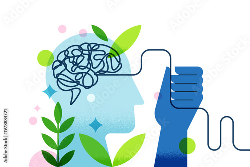 Vector tangled brain mind in human head and hand pulls thread. Concept of mental health, stress, psychological support