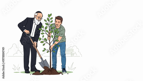 Generational tree planting vector illustration showing elder and younger man working together in nature. Community gardening concept for environmental awareness and family bonding.