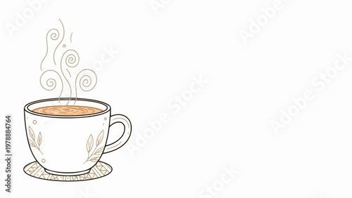 Steaming cup of tea vector illustration with delicate leaf pattern on mug and saucer. Warm beverage concept for cozy mornings and relaxation. Vector art for cafe menus and beverage advertising.