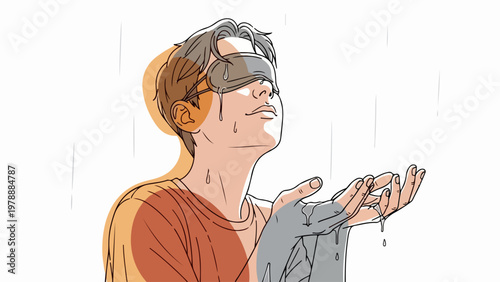 Blindfolded person feeling rain drops with open hands, vector illustration of emotional experience and acceptance. for branding, packaging, banner, poster, website header, and social media design use