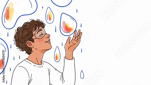 Young person enjoying rain drops in abstract pattern, vector illustration. Feeling freedom and peace in nature, conceptual art for wellness and mindfulness.