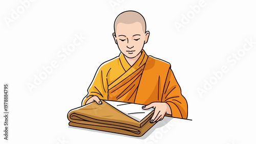 Buddhist monk folding saffron robes in vector style, representing spiritual practice and monastic life. Monastic tradition and discipline shown through careful folding.