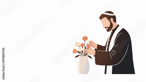 Orthodox Jewish man arranging flowers in vase, vector illustration for religious events and cultural celebrations. for branding, packaging, banner, poster, website header, and social media design use