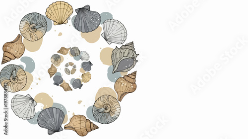Seashell spiral vector illustration with nautical elements and beach theme. Decorative seashell arrangement for summer vacation and coastal design. Summer beach seashell pattern for graphic projects.