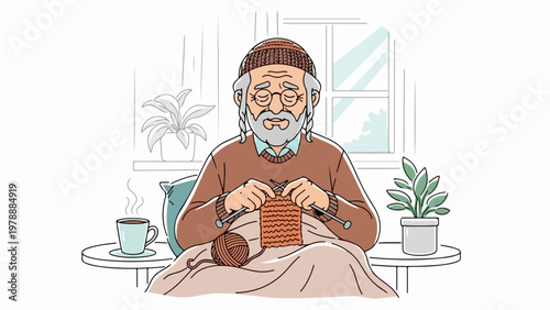 Elderly man knitting warm sweater vector illustration, cozy home hobby, senior lifestyle activity, relaxation and crafting concept.