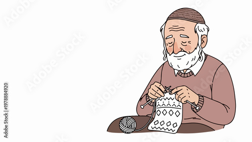 Elderly man knitting a patterned garment, vector illustration for hobby and leisure concepts. Senior man engaged in crafting, creating crafted textile art. Cozy pastime for retirement lifestyle.