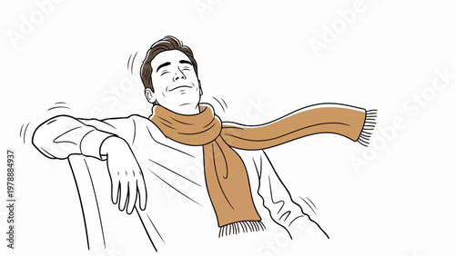 Man enjoying fresh air with scarf blowing in wind, vector illustration of comfort and freedom. Relaxed man feeling breeze, concept for outdoor activities and well-being.