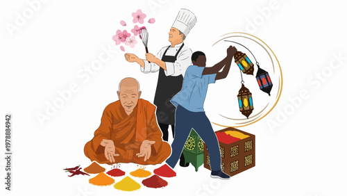 Diverse cultural traditions vector illustration showing culinary arts, spiritual practices, and festive celebrations. Cultural diversity concept for global understanding and unity.