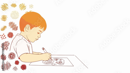 Child drawing with marker, vector illustration of creative kid developing artistic skills and imagination. Concept for education and childhood development.