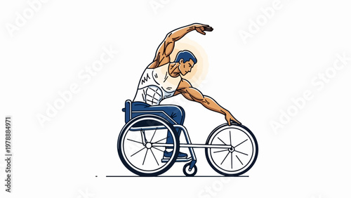 Vector illustration of athletic man in wheelchair performing stretching exercise, promoting adaptive sports and healthy lifestyle.