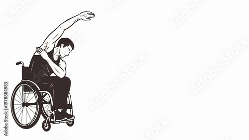 Man in wheelchair exercising arm stretch vector illustration. Adaptive sports concept for fitness and rehabilitation. Accessible workout for active lifestyle.