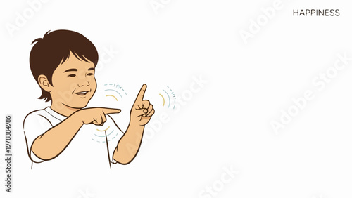 Vector illustration of happy child pointing and gesturing with fingers, conveying joy and communication, ideal for educational or lifestyle concepts.