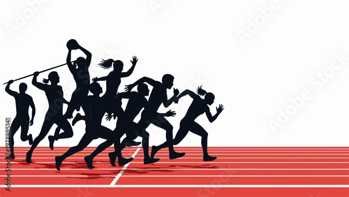Athletics race vector silhouette with runners on track and field, representing competition and sports achievement. Vector illustration for athletic events and sports marketing.