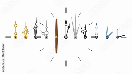 Vector clock hands collection in various styles and colors for timekeeping design projects. Clock hands set for watchmaking and time concept illustration.